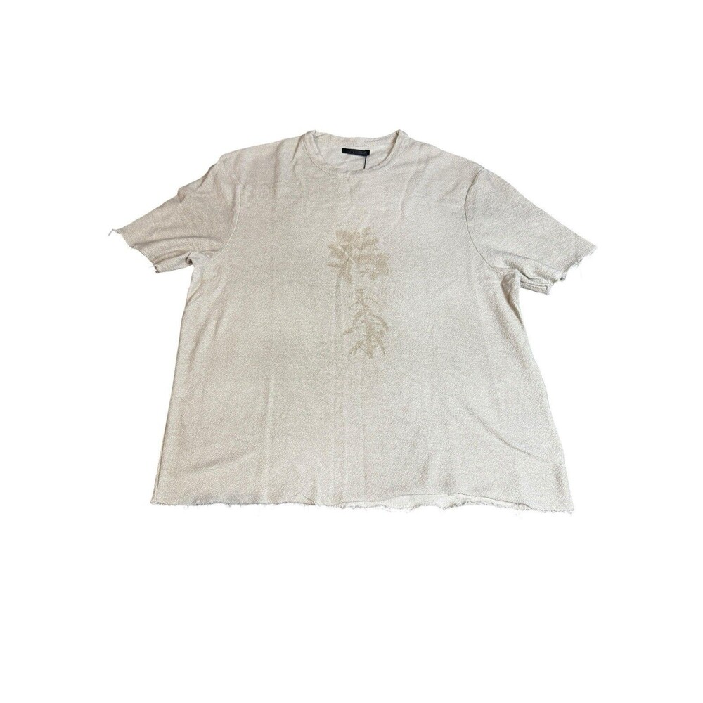 Zara Knit Spray Print Boxy Tee Beige Floral Raw Hem Cotton Medium New